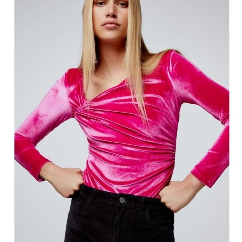 ZARA Pink Velvet Bodysuit Asymmetric Long Sleeve Fuchsia | 9308/510/630